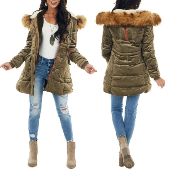 NEW Olive Green Velvet Faux Fur Hooded Soft Fur Lined Long Puffer Coat Jacket - Picture 3 of 10